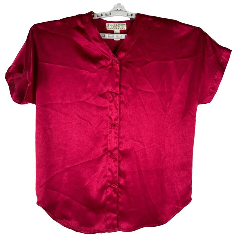 Erika Taylor Intimates Womens Red Satin Button-Up Short Sleeve Blouse Size L